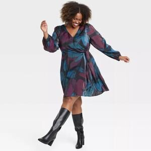 Ava & Viv Women's Balloon Long Sleeve Midi Wrap Dress Teal Purple Size 3X